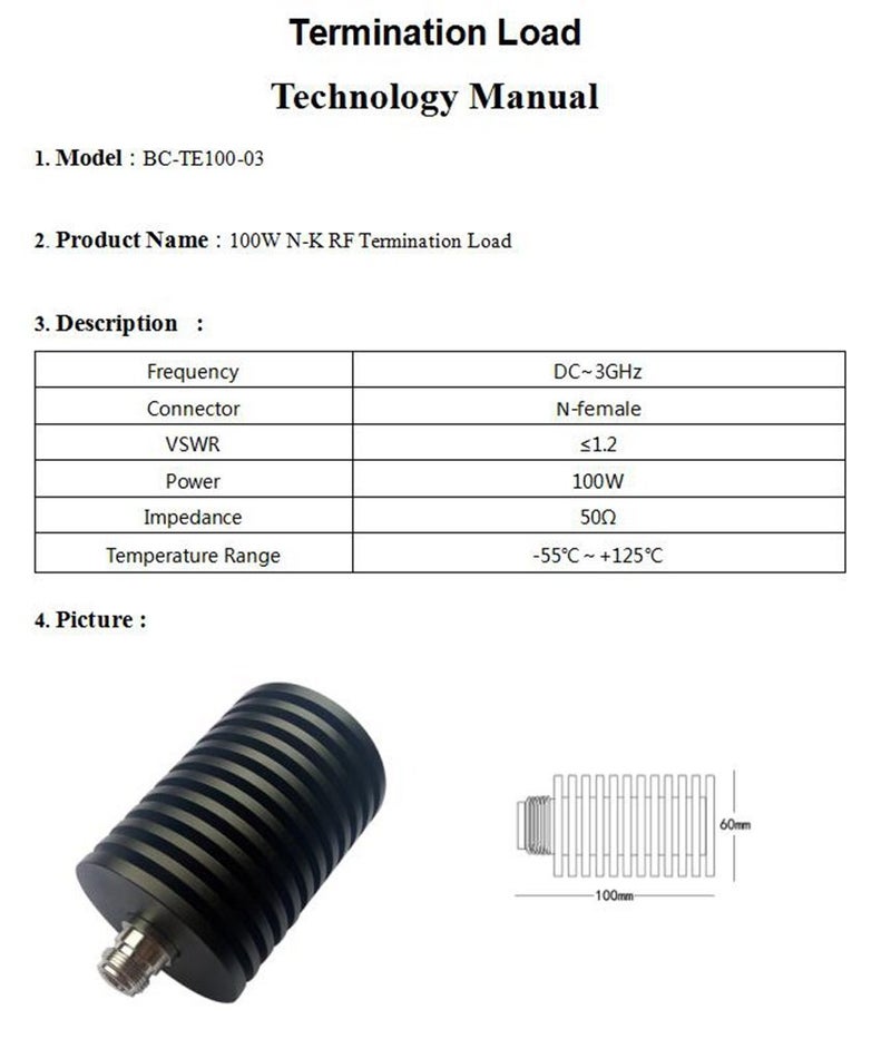 BECEN 100W N-Female Connector Dummy Load, Termination Load,DC to 3 GHz,50ohm - Image 2